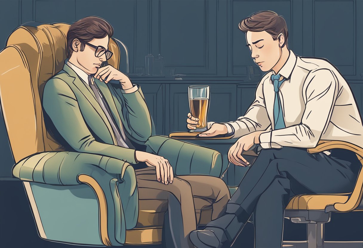 A glass of alcohol sits next to a person slumped over in a chair, clutching their chest in pain