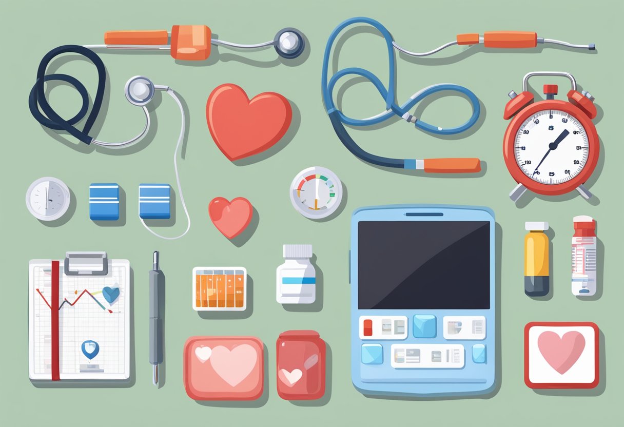 A table with various heart failure medications, including ACE inhibitors, beta blockers, and diuretics, alongside a stethoscope and heart rate monitor