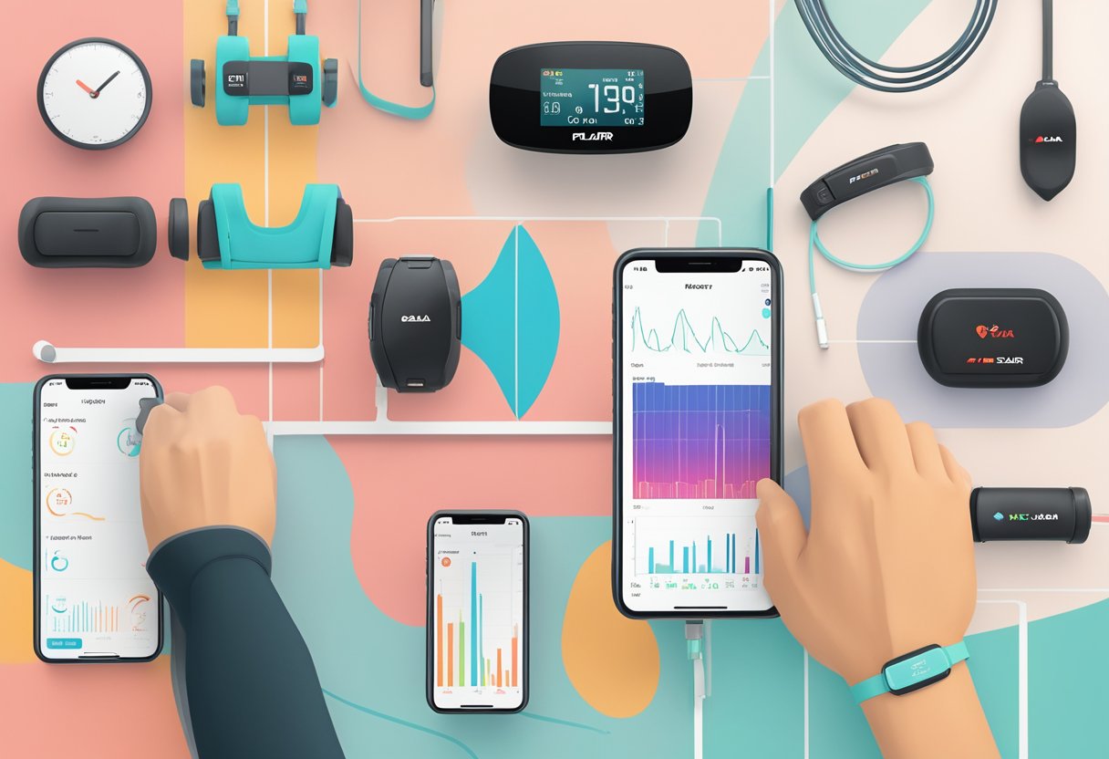A polar heart rate monitor seamlessly syncing with various fitness devices, displaying real-time data