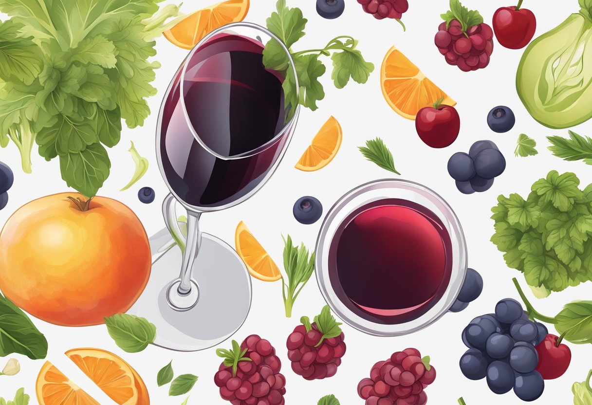 A glass of red wine sits next to a healthy heart, surrounded by fruits and vegetables