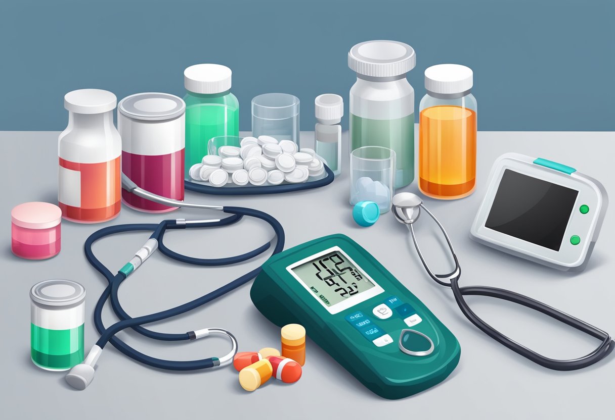 A table with various heart failure drugs arranged in orderly fashion, accompanied by medical equipment such as a blood pressure monitor and stethoscope
