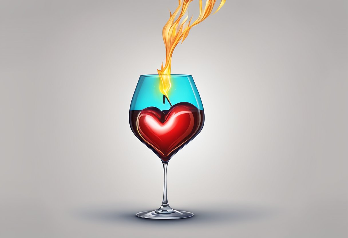 A glass of alcohol being poured next to a red heart, with a lightning bolt striking the heart