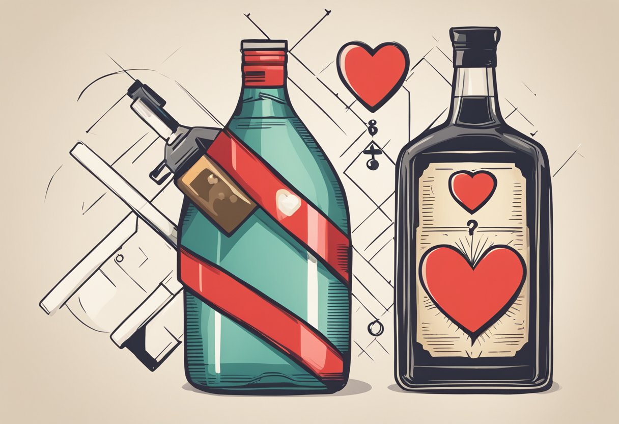 A bottle of alcohol next to a heart symbol with a red "X" over it. A question mark hovers above, indicating uncertainty