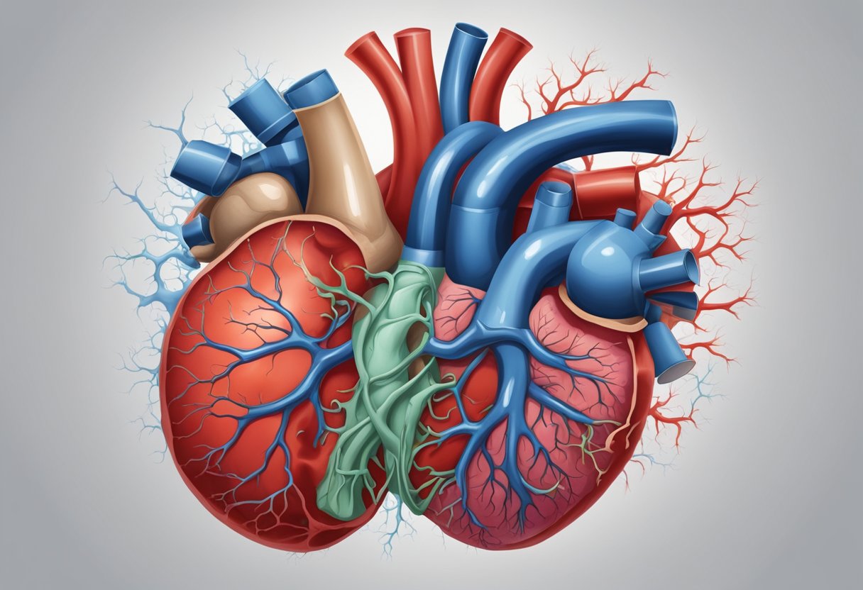 A heart struggling to pump blood, surrounded by fluid buildup in the lungs and extremities