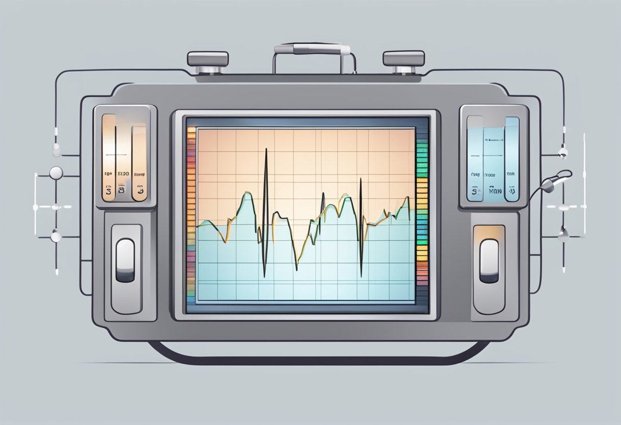 A heart monitor displays a steady, rhythmic pulse