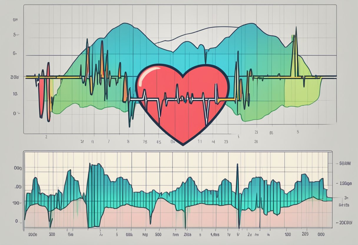 A heart rate monitor displays a steady rhythm. Graphs show heart period vs heart rate