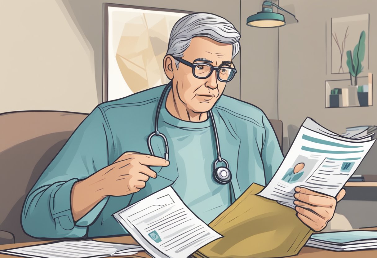 A person reading a pamphlet titled "Frequently Asked Questions post heart attack care" with a concerned expression on their face