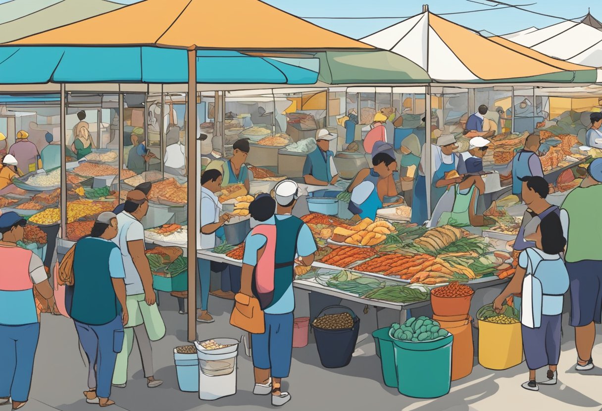 A bustling seafood market at St Kilda, with colorful stalls and fresh catches on display. Customers browse and sample the ocean's bounty