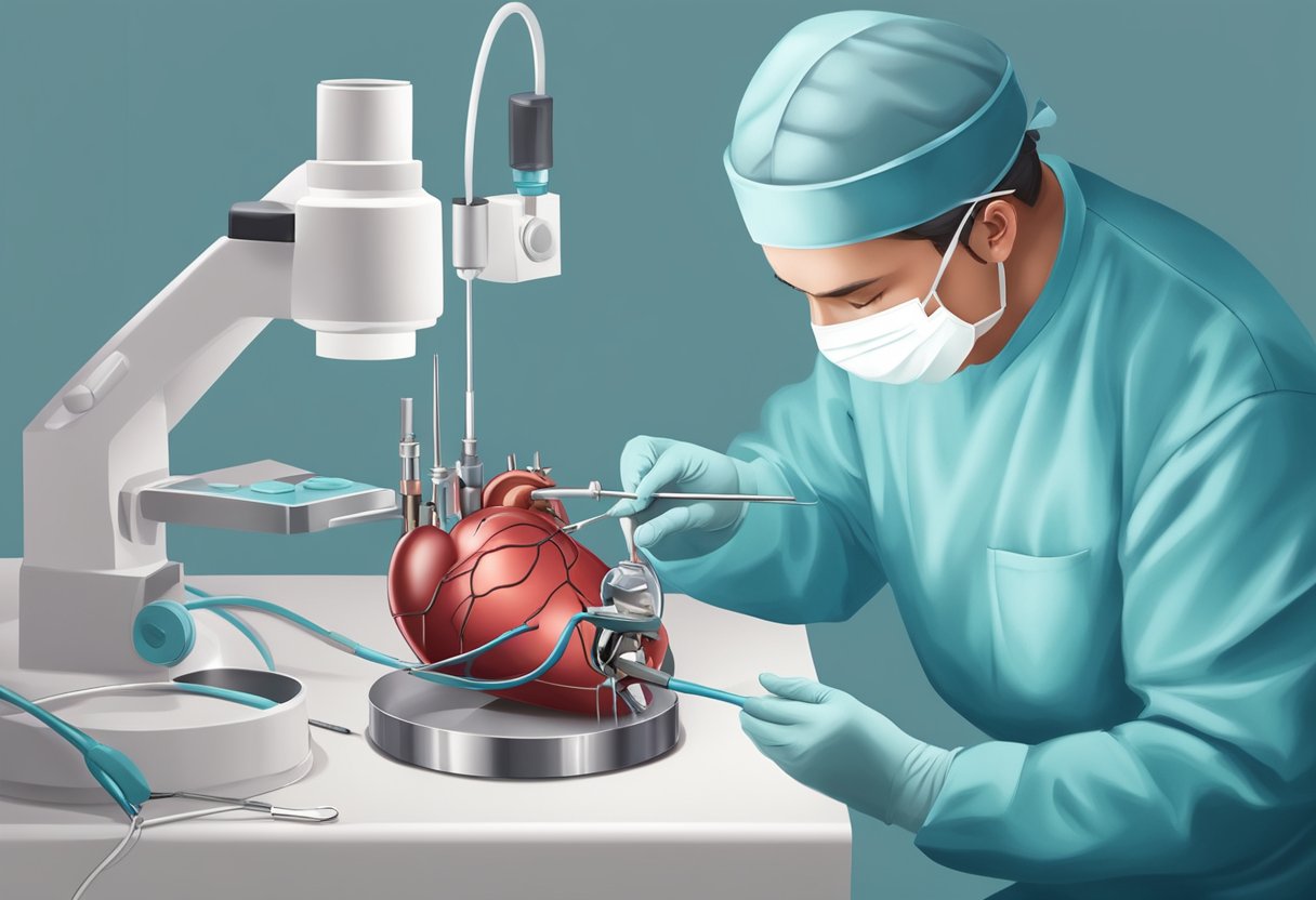 A surgeon carefully removes a blood clot from a heart valve using specialized tools