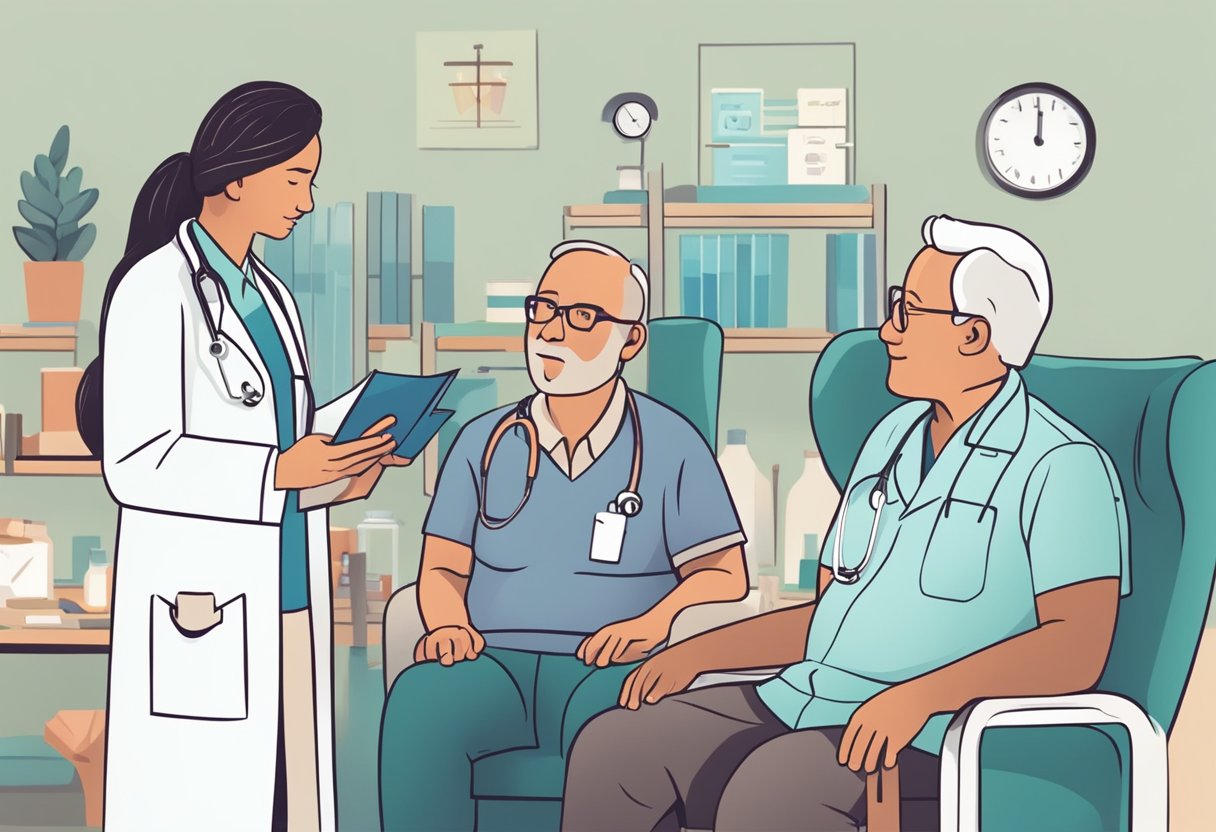 A doctor explains treatment options for managing heart failure to a patient's family. Medication, lifestyle changes, and monitoring are discussed