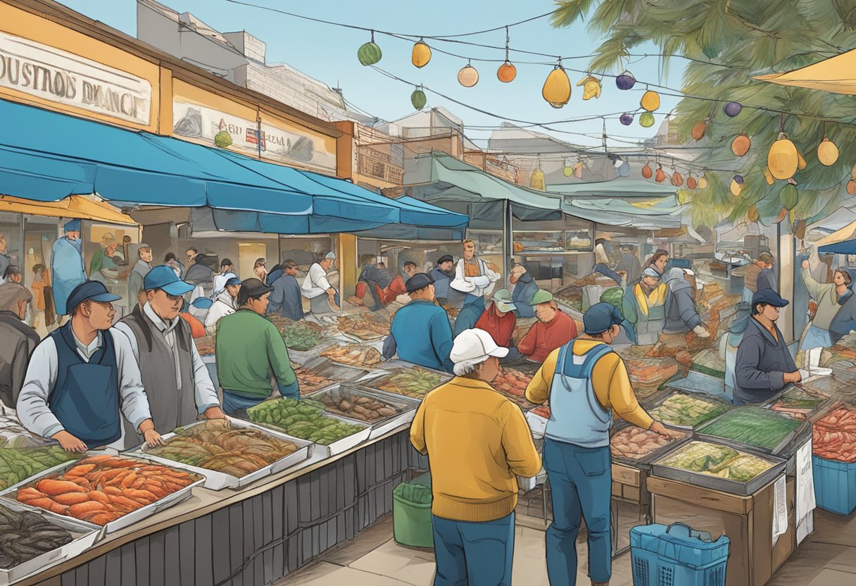 A bustling seafood market in St Kilda, with a variety of fresh catches displayed on ice, and customers asking questions to the vendors