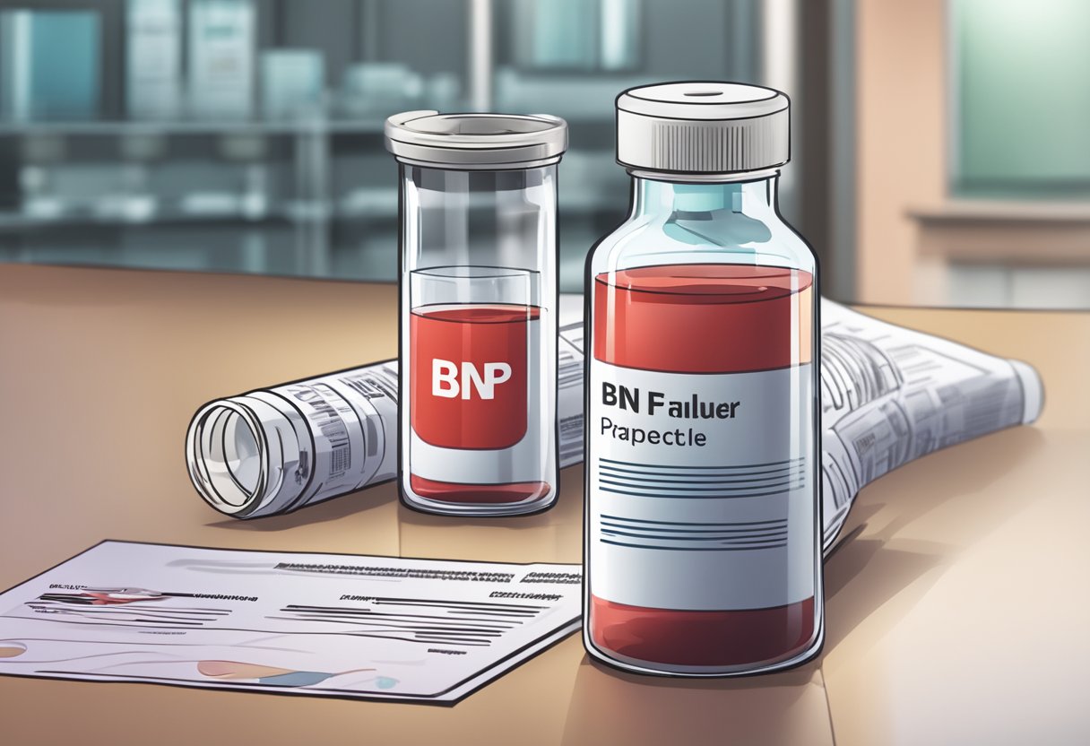 A vial of blood labeled "BNP" sits on a lab table, with a heart failure information pamphlet nearby