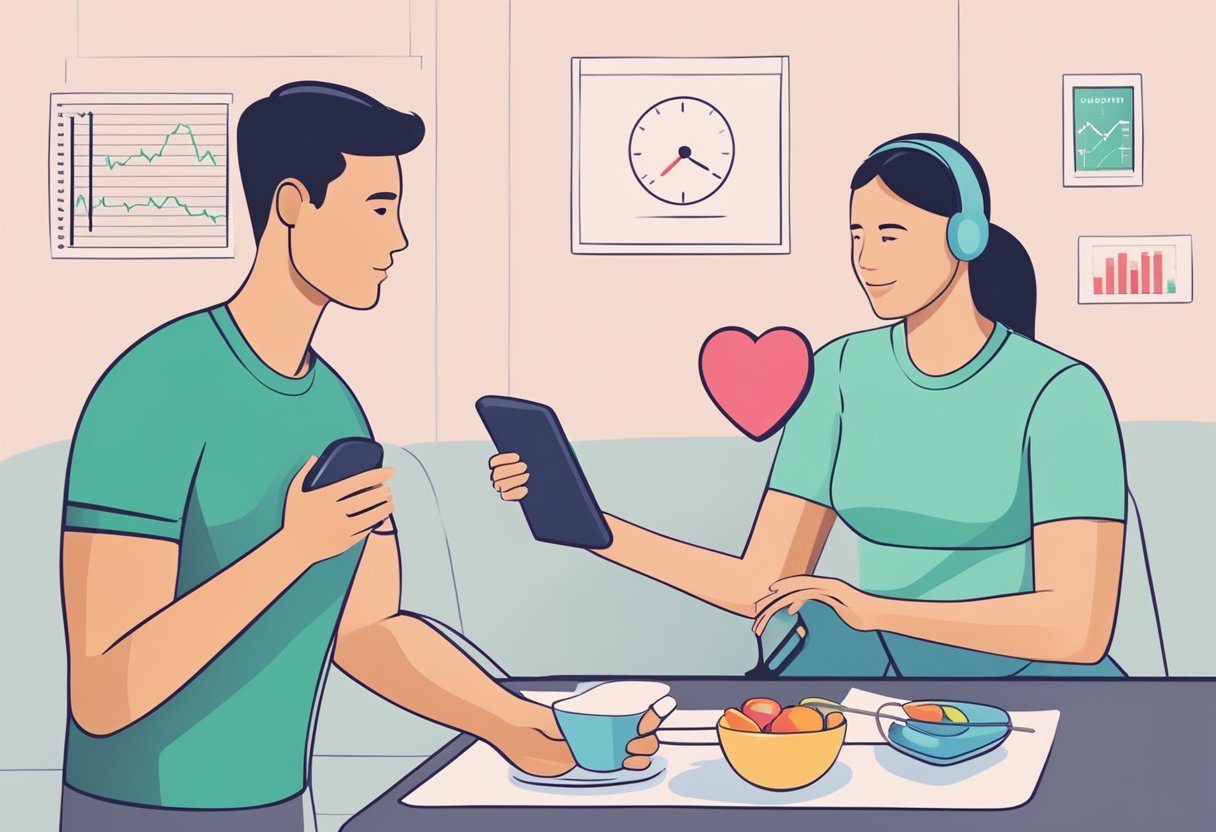 A heart monitor displays a steady, healthy resting heart rate, while a person engages in heart-healthy activities like exercise and healthy eating