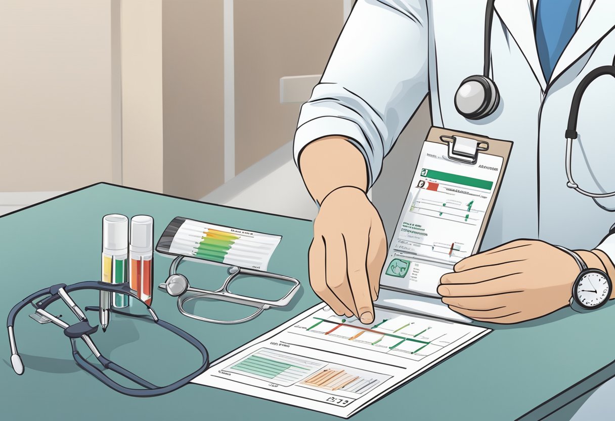 A doctor holding a blood sample with a BNP marker test kit and a patient's chart, indicating the management of heart failure using BNP