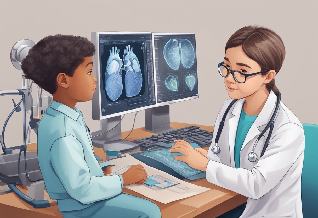 A pediatric cardiologist carefully examines a child's heart scans, surrounded by medical equipment and charts