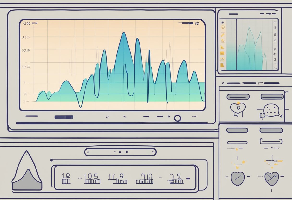 A heart rate monitor displays a steady heartbeat graph with periodic peaks and valleys. A hand adjusts the settings on the monitor