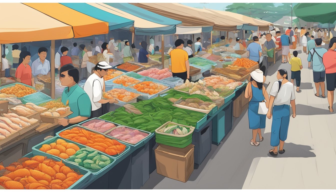 A bustling seafood market in Serangoon, Singapore. Colorful stalls display a variety of fresh fish, crabs, and shellfish. Customers browse and haggle with vendors