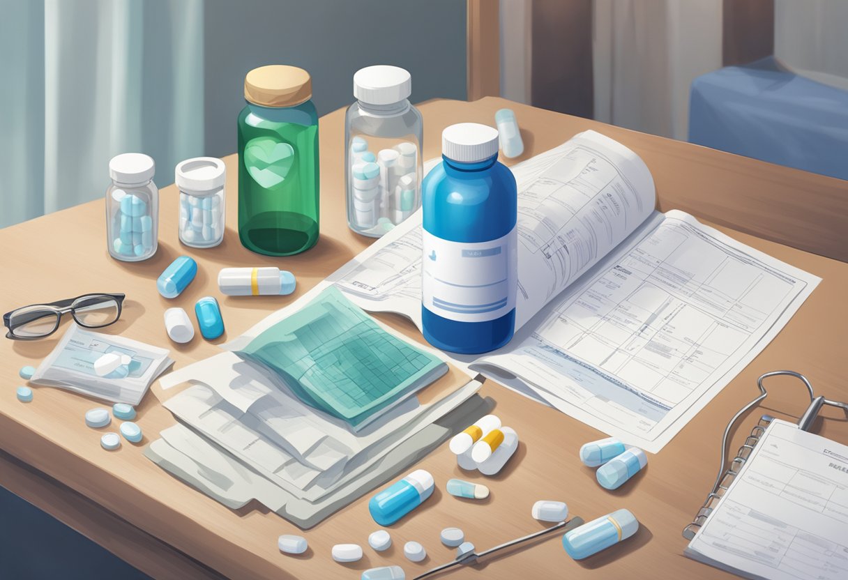 A bottle of Diovan sits on a bedside table, surrounded by pill packets and a glass of water. A medical chart with heart failure diagnosis is visible in the background