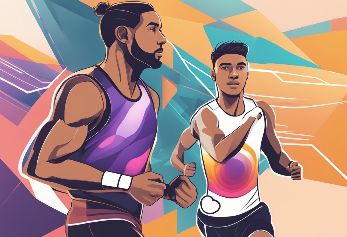 An athlete runs with a heart rate monitor strapped to their chest, displaying a fluctuating heart rate on the screen