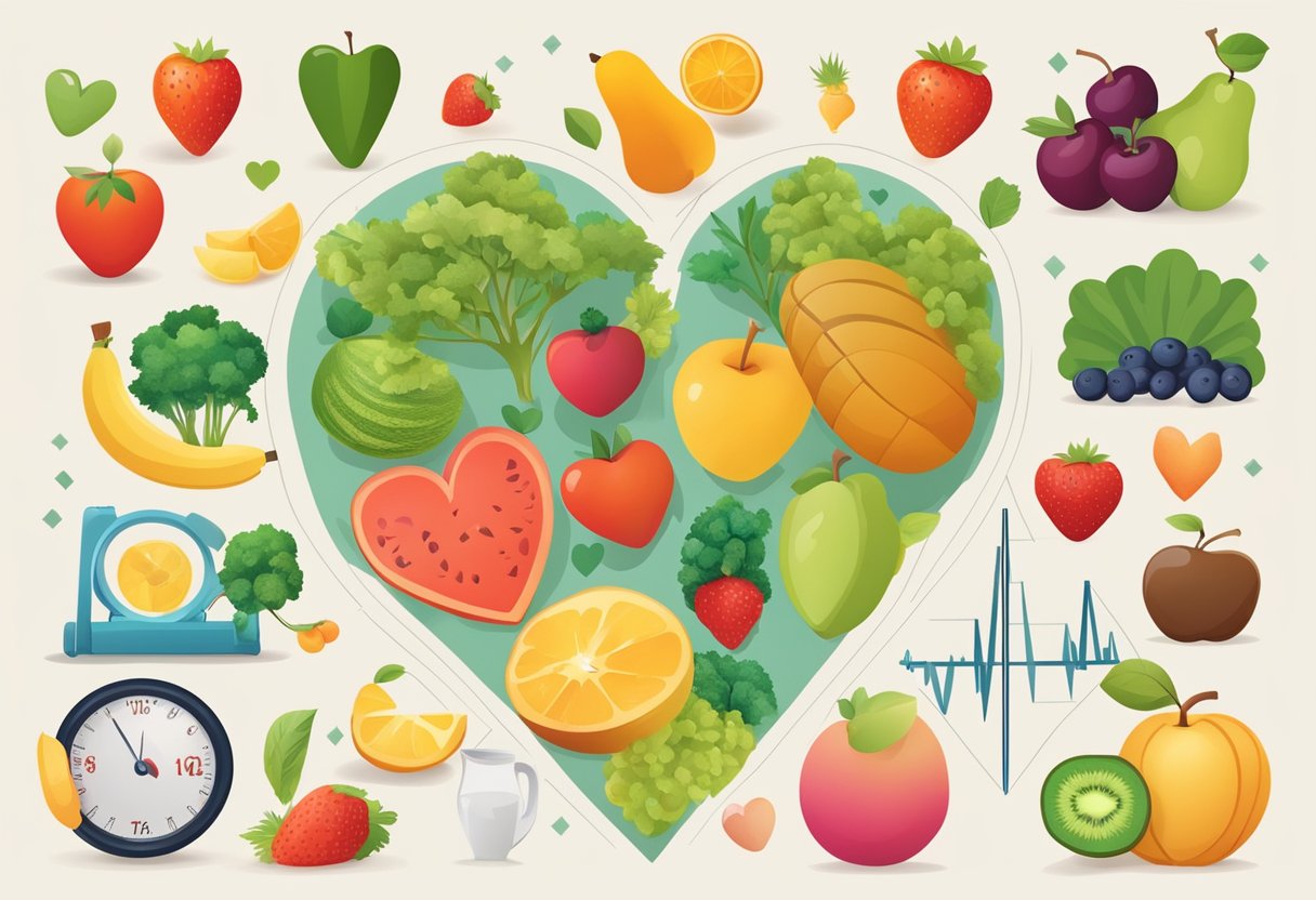 A heart-shaped graph with a steady upward trend, surrounded by healthy lifestyle symbols like fruits, vegetables, and exercise equipment