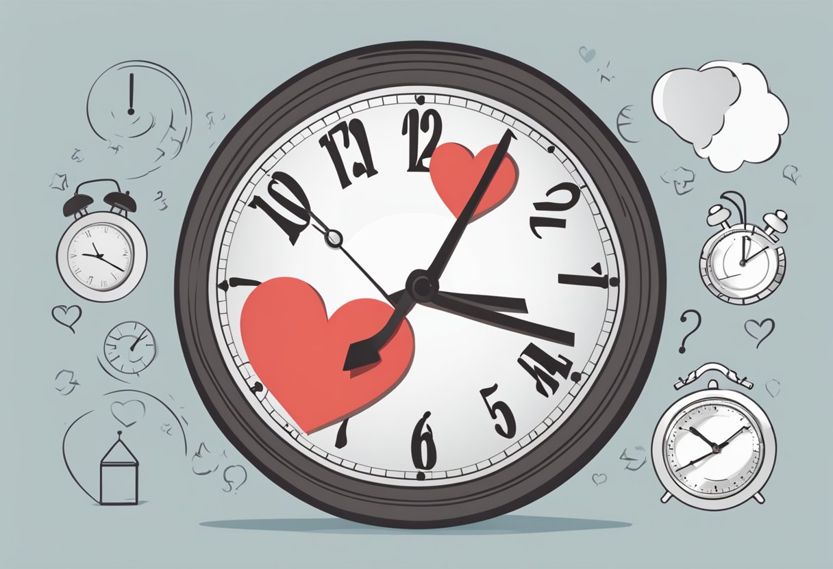 A heart and a clock facing each other, with the heart representing "heart period" and the clock representing "heart rate." The two objects are surrounded by question marks to indicate confusion