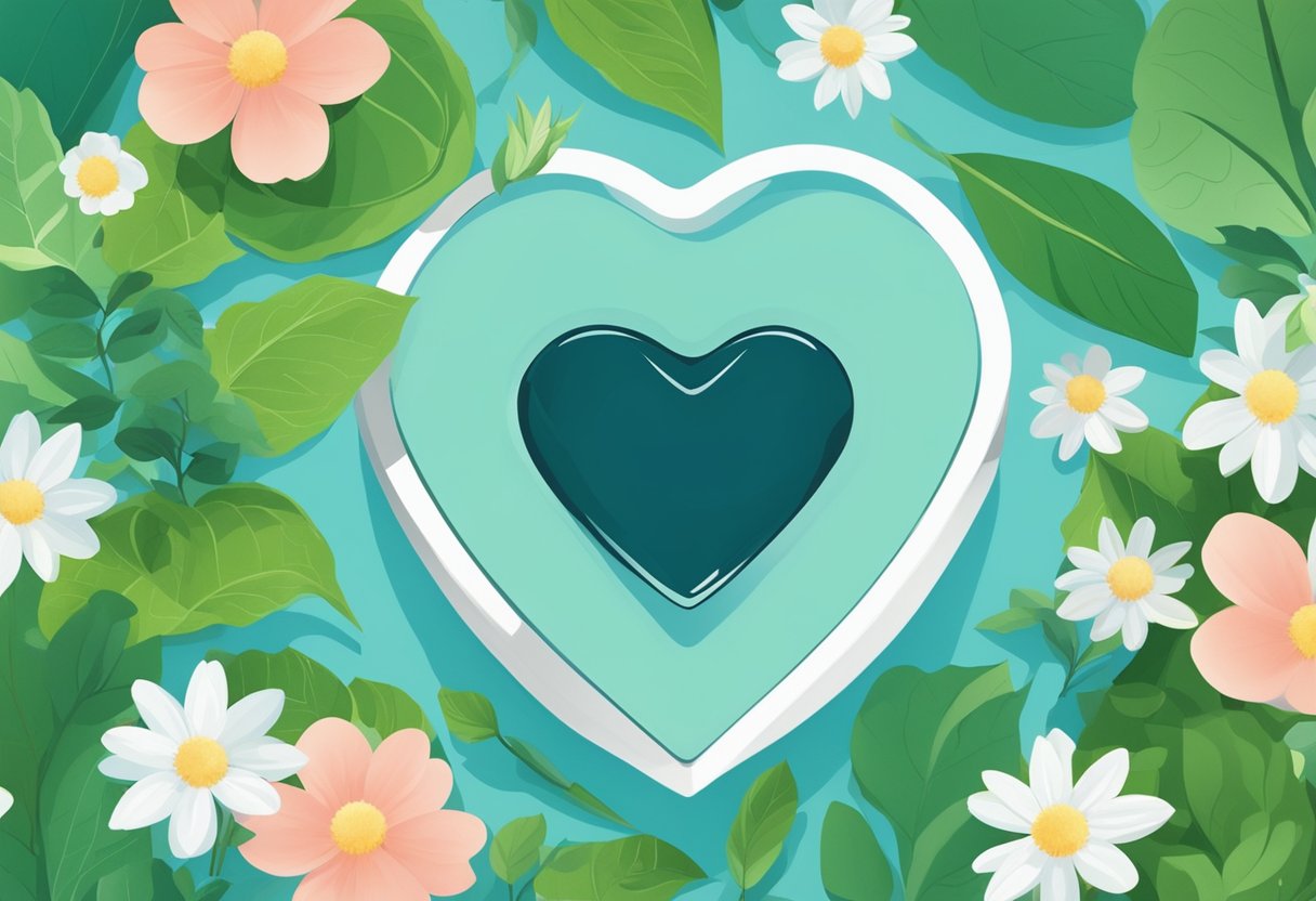 A heart-shaped eco test kit surrounded by green leaves and flowers, with a clear blue sky in the background