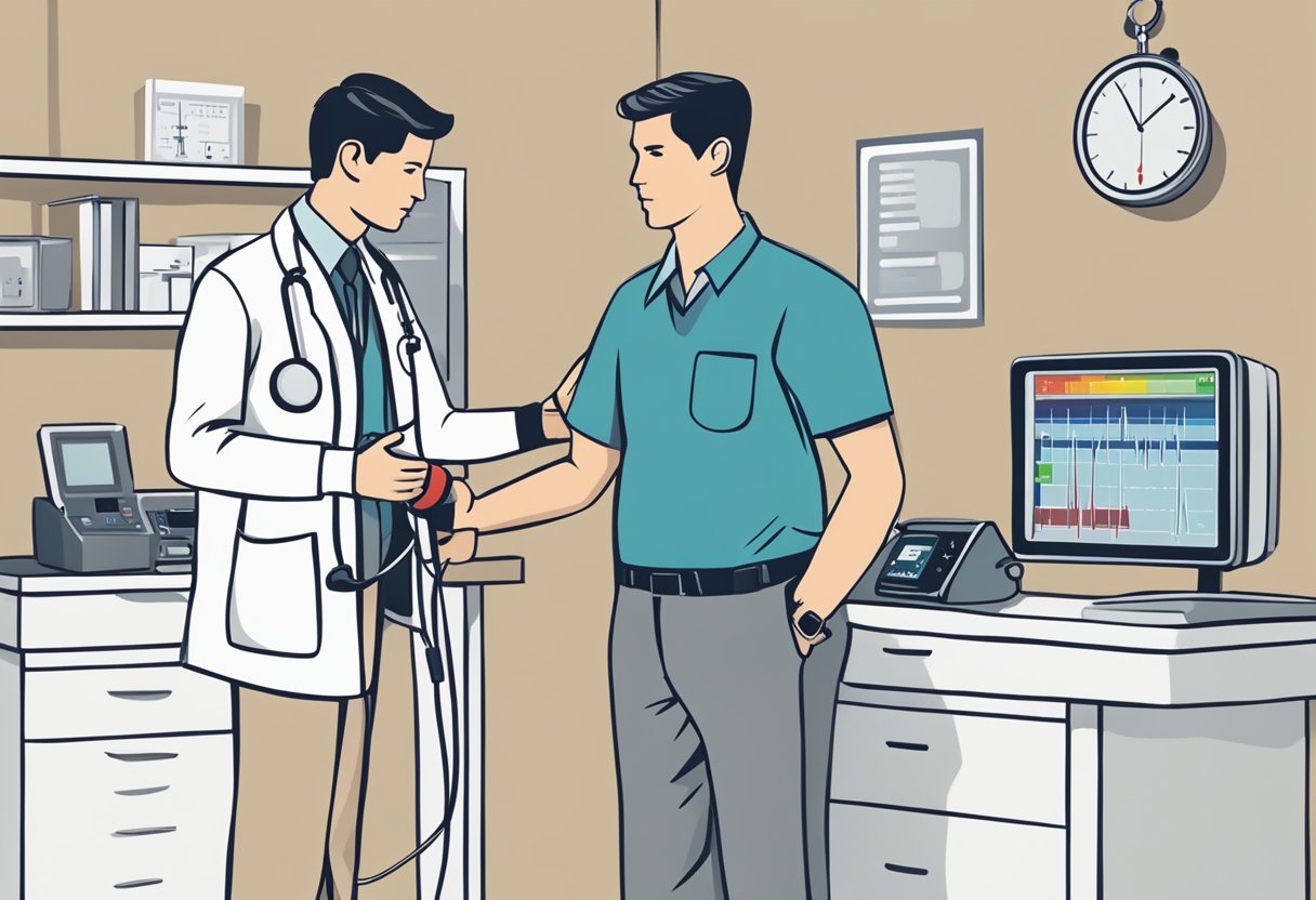 A person standing in a doctor's office, with a blood pressure cuff around their arm and a heart rate monitor beeping rapidly