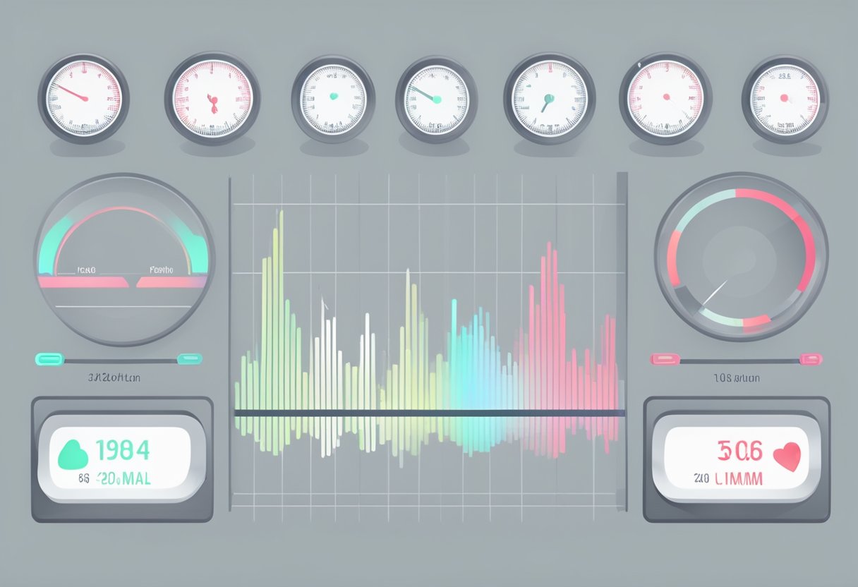 A heart rate monitor displays a steady, rhythmic pulse. The numbers on the screen indicate a normal, healthy human heart rate