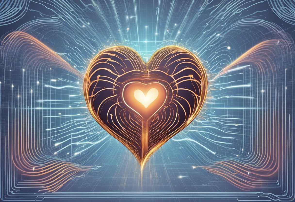 A heart-shaped machine emits sound waves, bouncing off a beating heart and creating a visual representation on a screen
