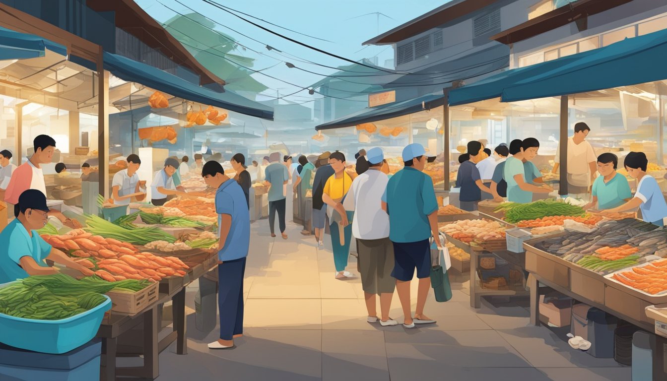 A bustling seafood market in Serangoon, Singapore, with vendors displaying fresh catches and customers browsing the array of ocean delicacies