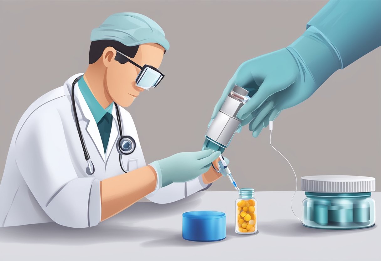 A doctor carefully injecting medication into a heart valve to treat a blood clot