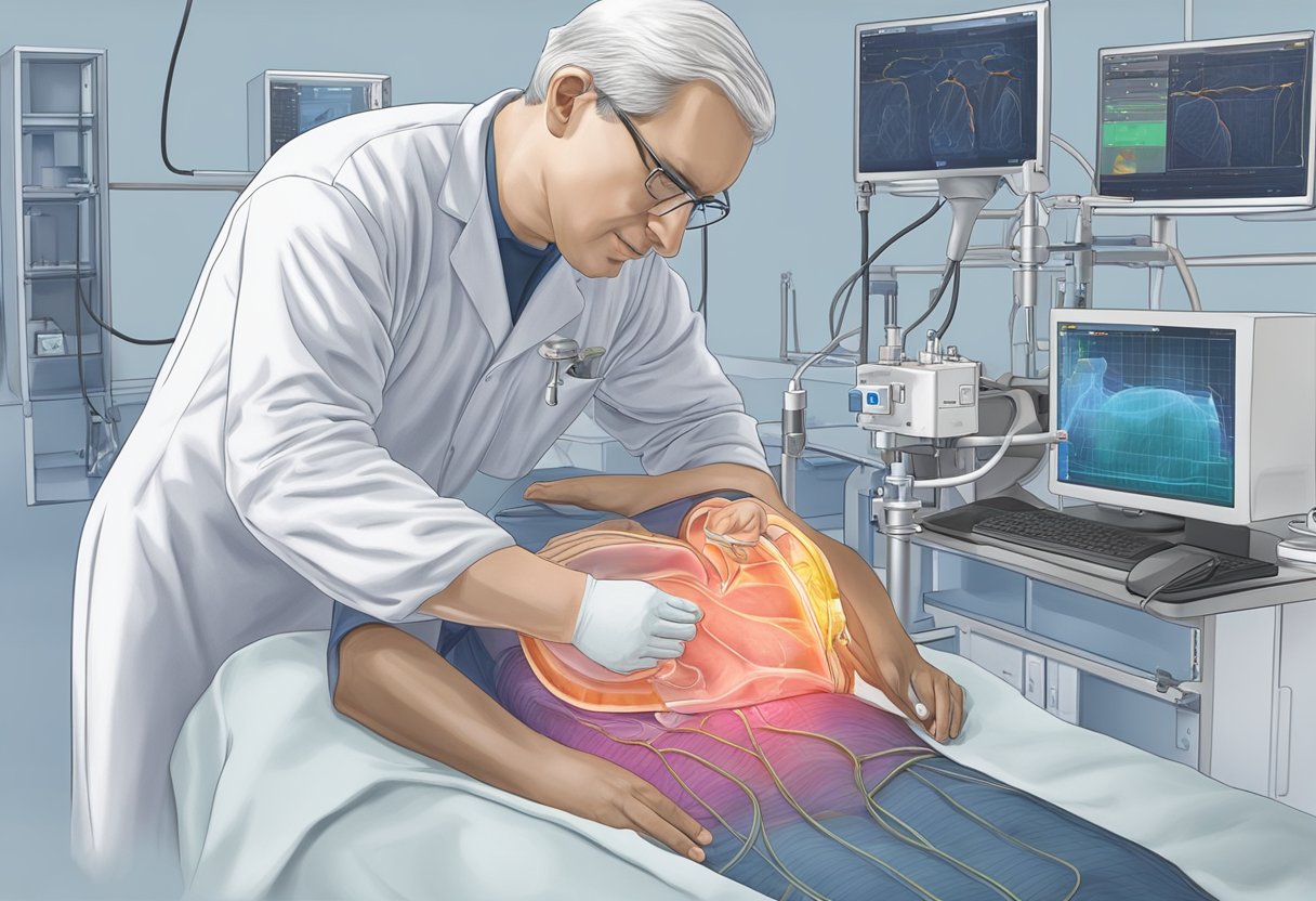 A patient lies still as a technician applies gel to their chest. The technician then moves a transducer over the area, capturing images of the heart's chambers and valves