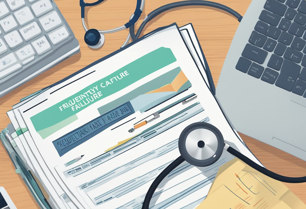A stack of paper with "Frequently Asked Questions: Diovan for Heart Failure" printed on top, a computer screen displaying the same title, and a stethoscope on a desk