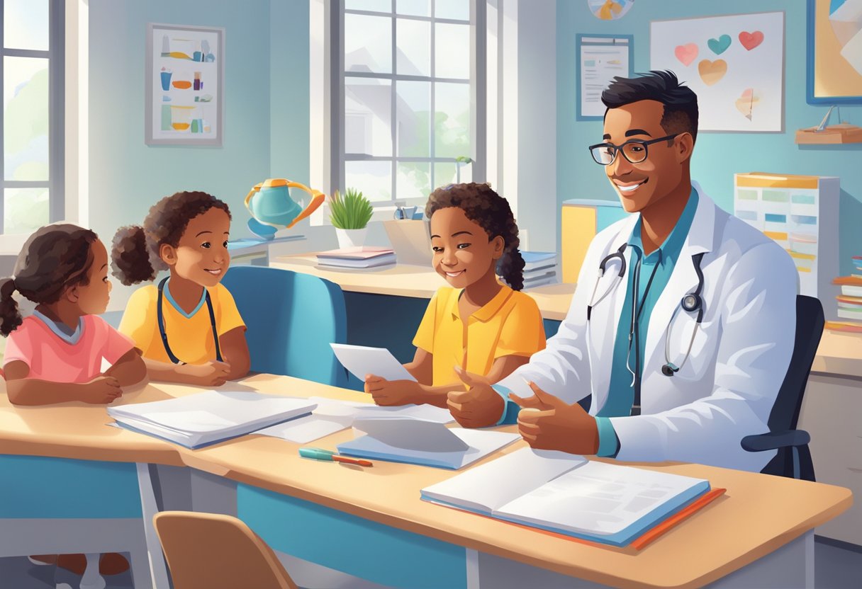 A pediatric cardiologist answering questions from parents and children in a bright, welcoming office space