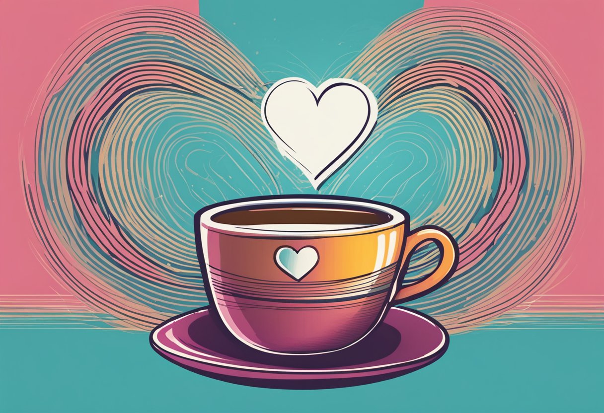 A cup of coffee next to a heart symbol with speed lines indicating rapid beating