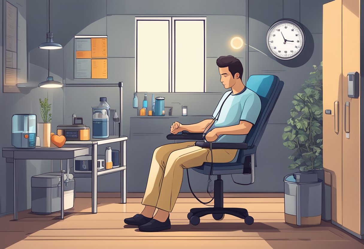 A person with low blood pressure and high heart rate sits in a dimly lit room, surrounded by medical equipment and a healthy lifestyle poster