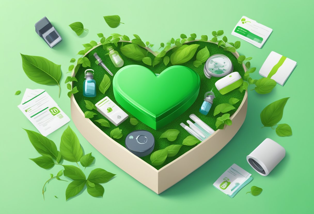 A heart-shaped eco test kit surrounded by question marks and green leaves