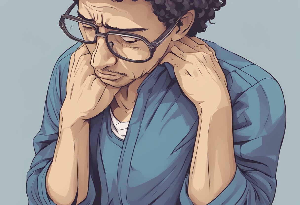 A person clutches their chest in pain, with a worried expression on their face