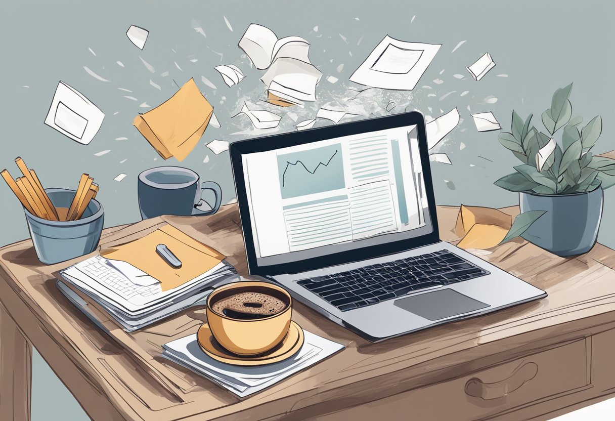 A steaming cup of coffee sits on a table, surrounded by scattered papers and a laptop. The person's heart races as they consume caffeine
