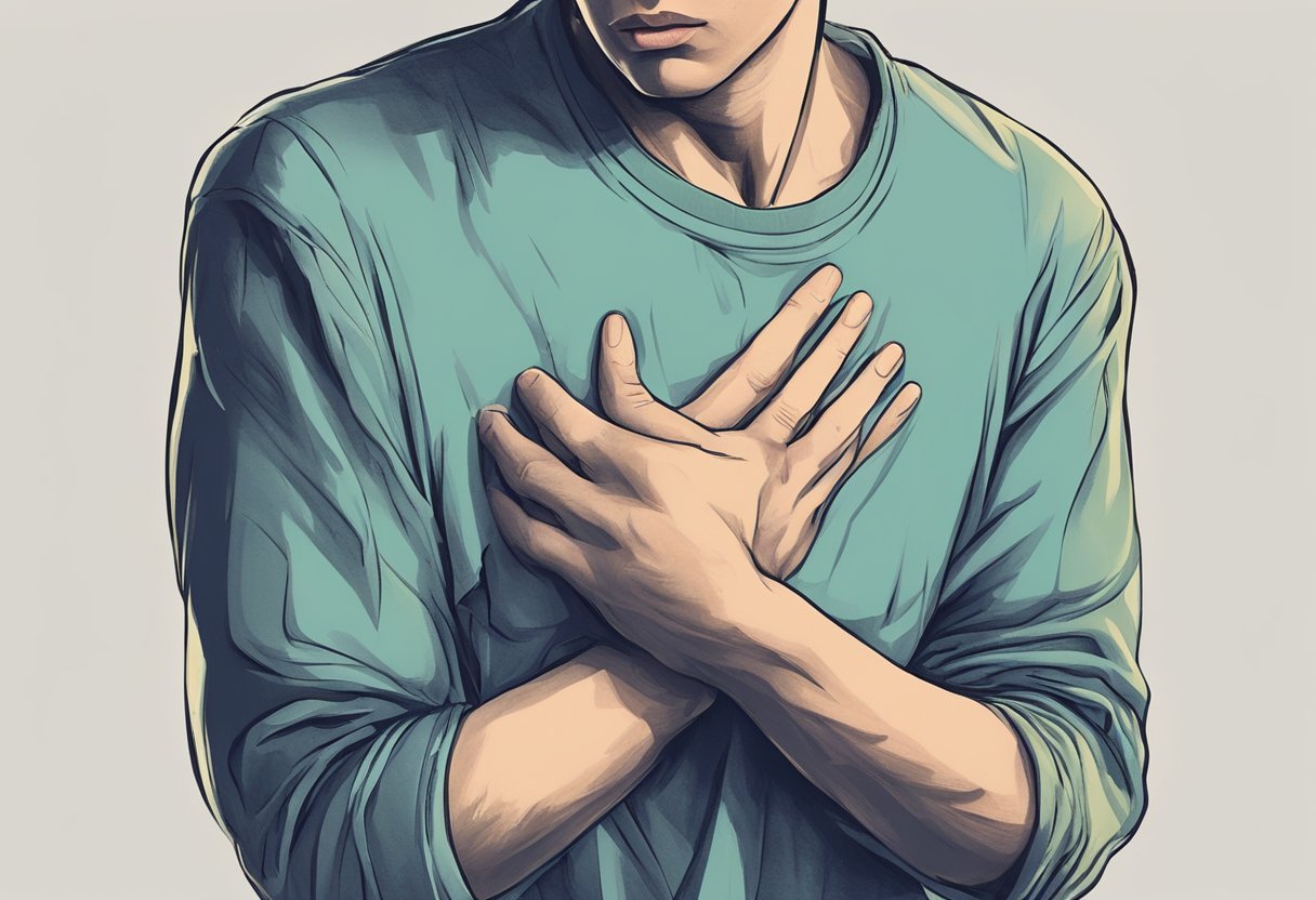 A person clutching their chest in pain, wincing with discomfort