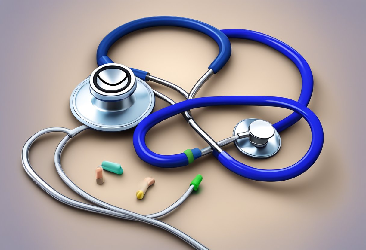 A stethoscope placed on a heart valve, with letters "M, T, A, P" visible as a mnemonic aid