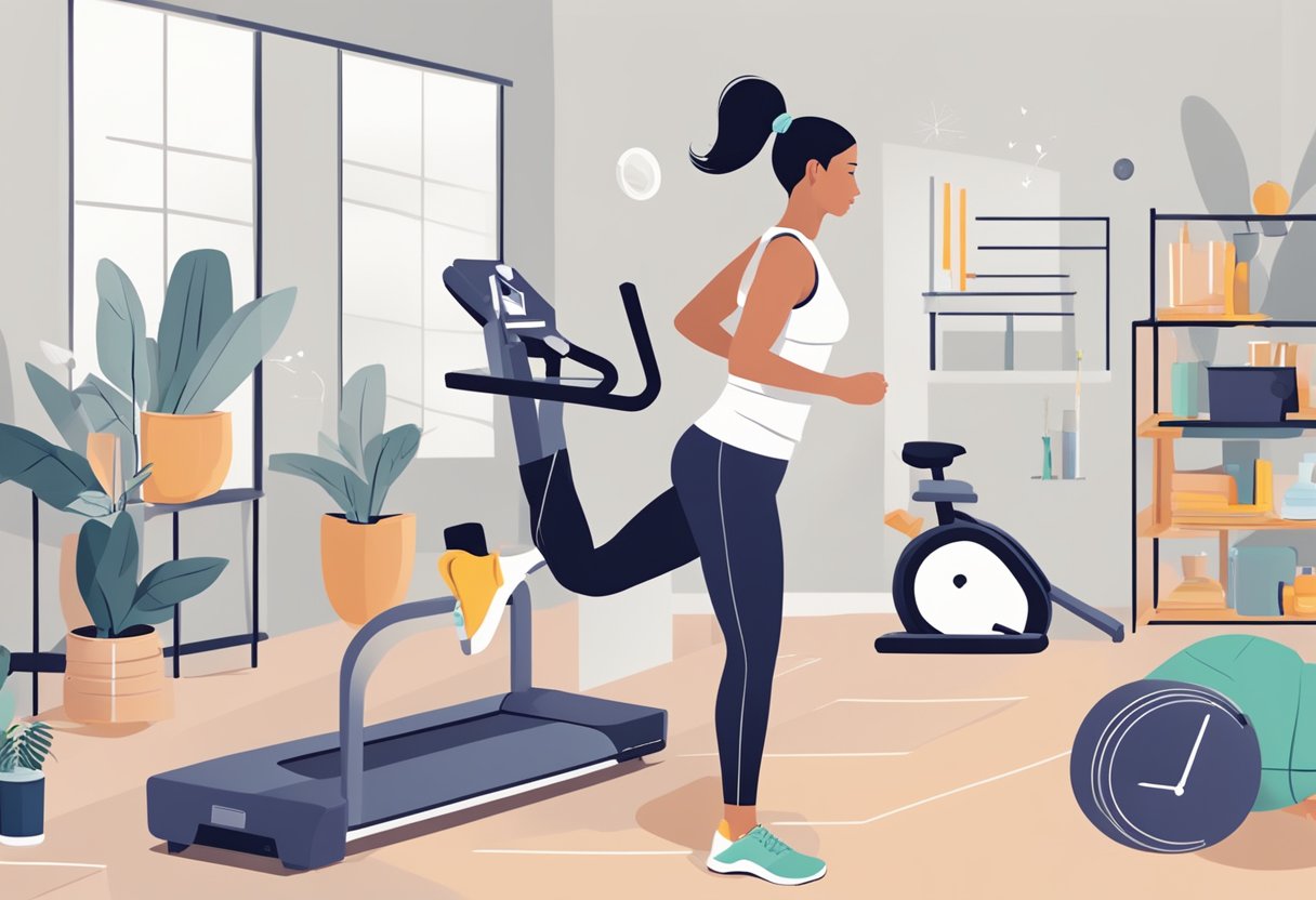 A female figure exercising with a heart rate monitor, surrounded by factors like stress, exercise, and caffeine