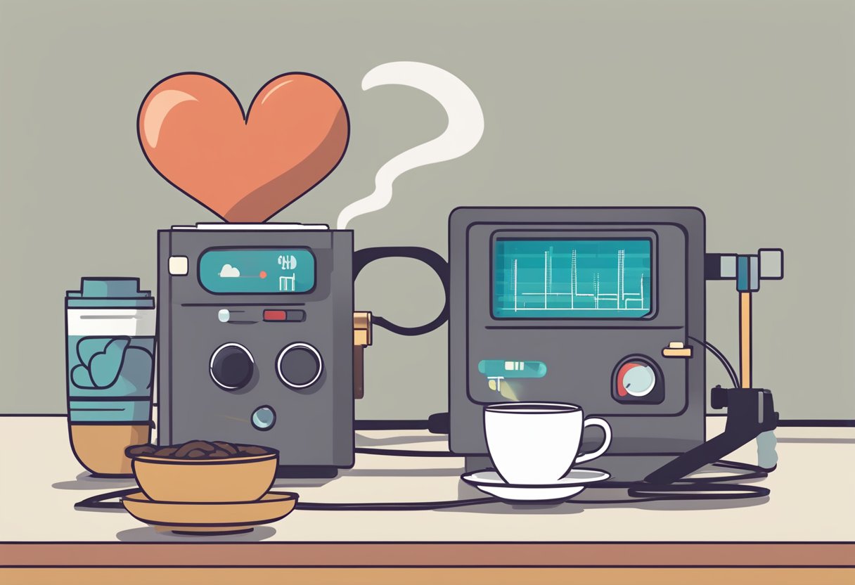 A steaming cup of coffee sits next to a racing heart monitor, with a question mark hovering above