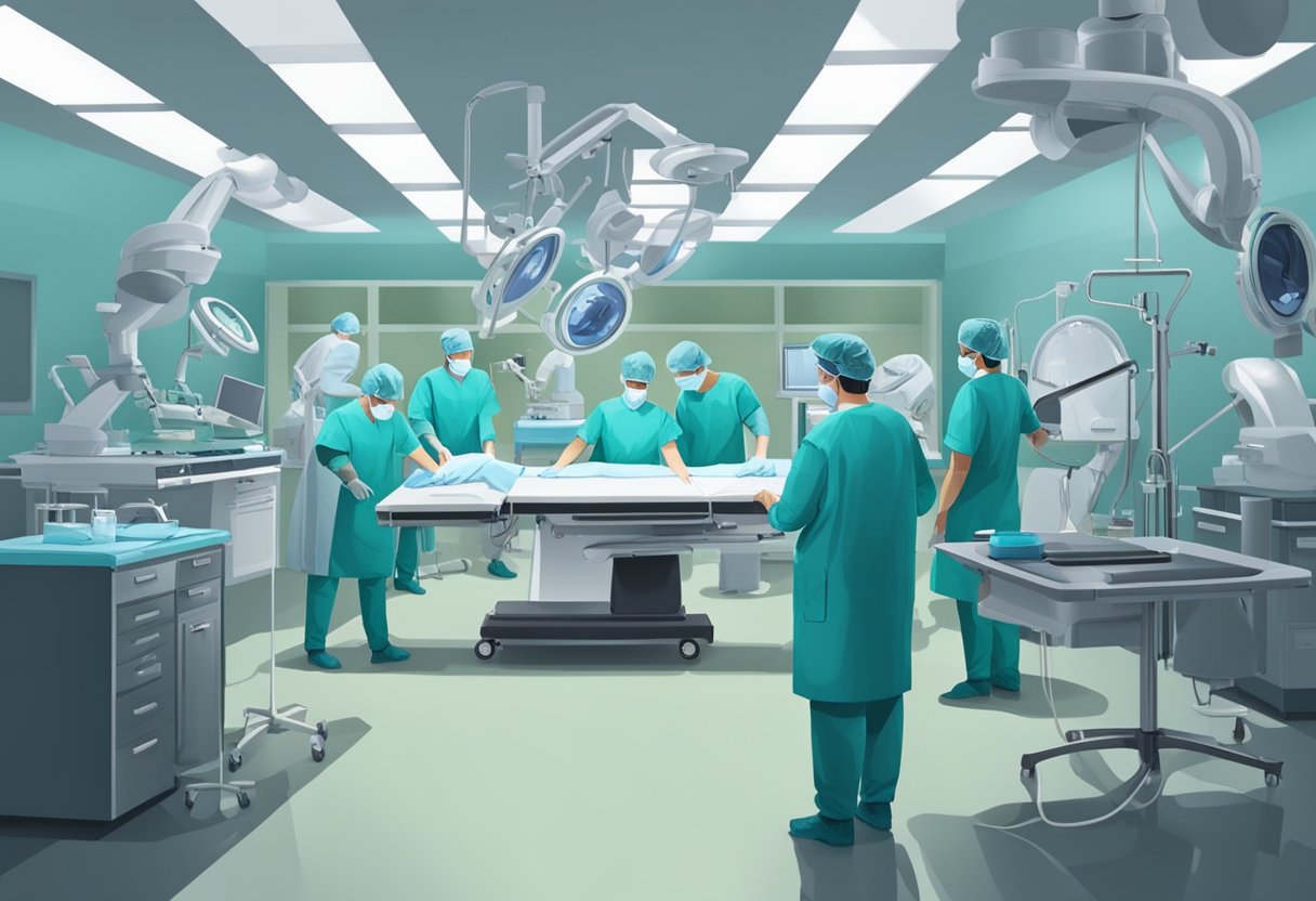 A cardiologist performs surgery in a sterile operating room, surrounded by medical equipment and a team of surgical staff
