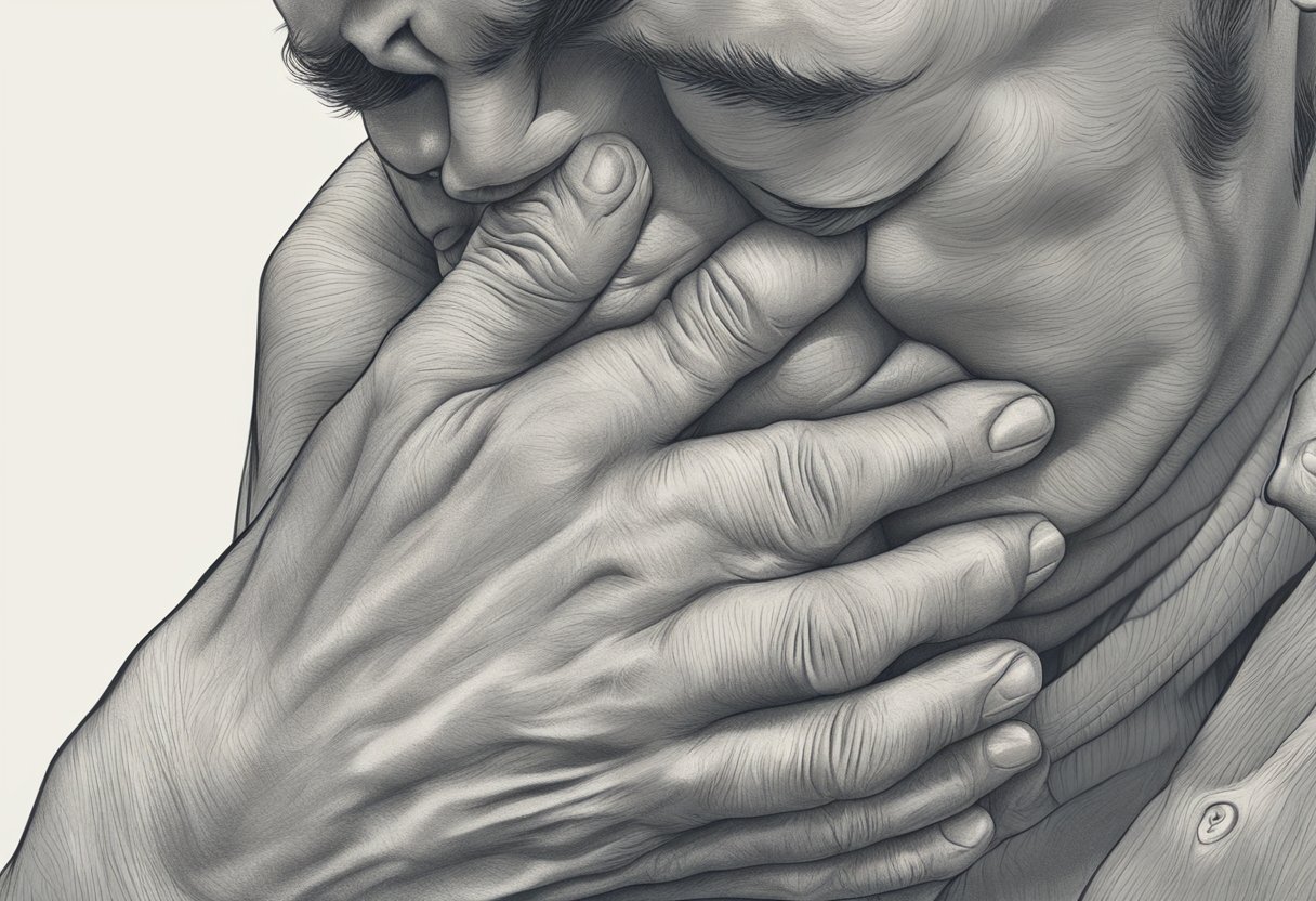 A person clutches their chest in pain, grimacing. Their face is contorted with discomfort as they struggle to breathe