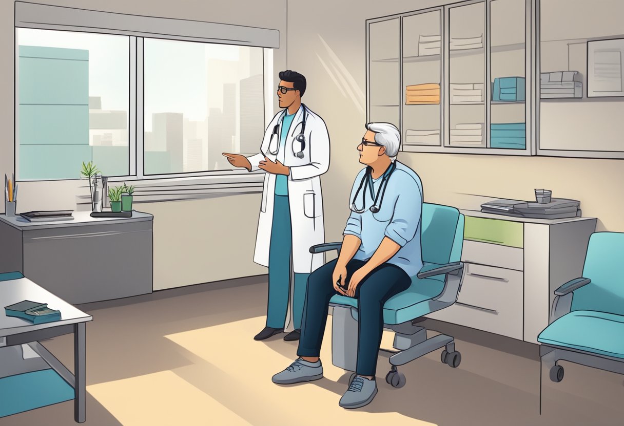 A person sitting in a doctor's office, receiving treatment for chest pain. A doctor is discussing management options with the patient