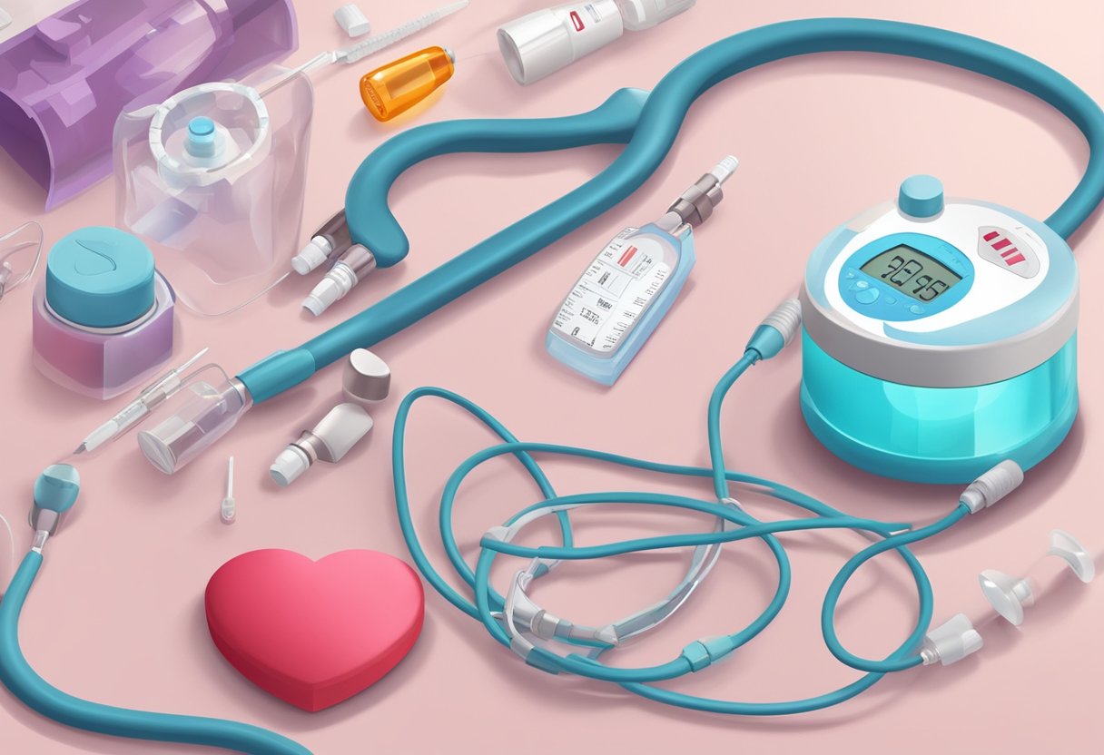 A heart-shaped bottle of botox with a warning sign, surrounded by medical equipment and a heart rate monitor