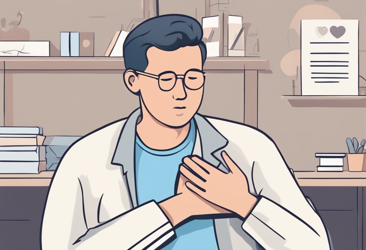 A person holding their chest in discomfort, with a worried expression on their face. A FAQ sign with "chest pain" and "heart pain" displayed prominently