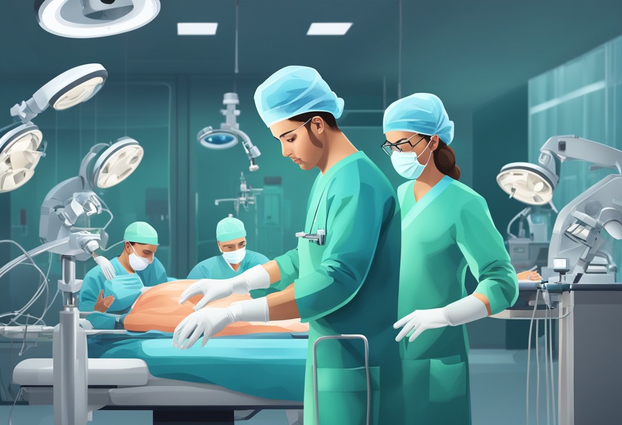 A cardiologist performs surgery in an operating room, surrounded by medical equipment and a team of surgical staff