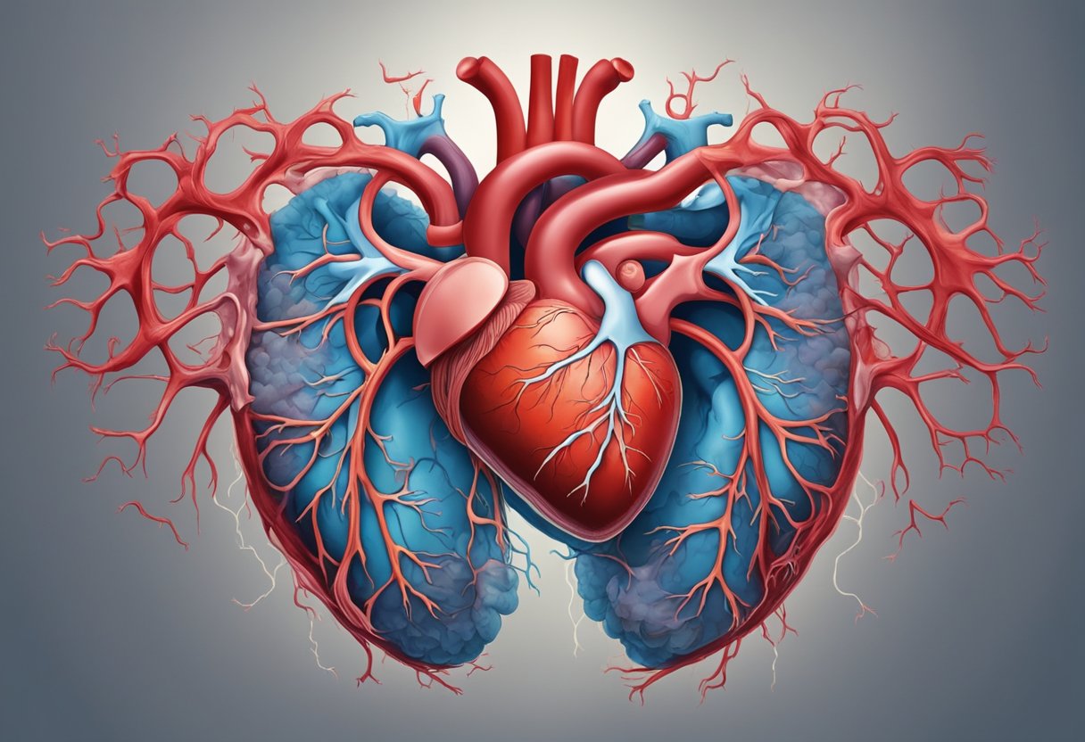 A heart struggling to pump blood, surrounded by fluid buildup in the lungs and extremities